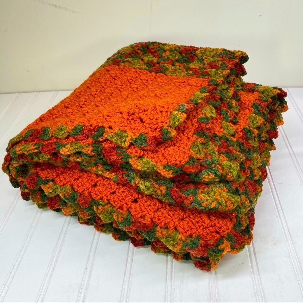 Boho Crochet orange & green blanket